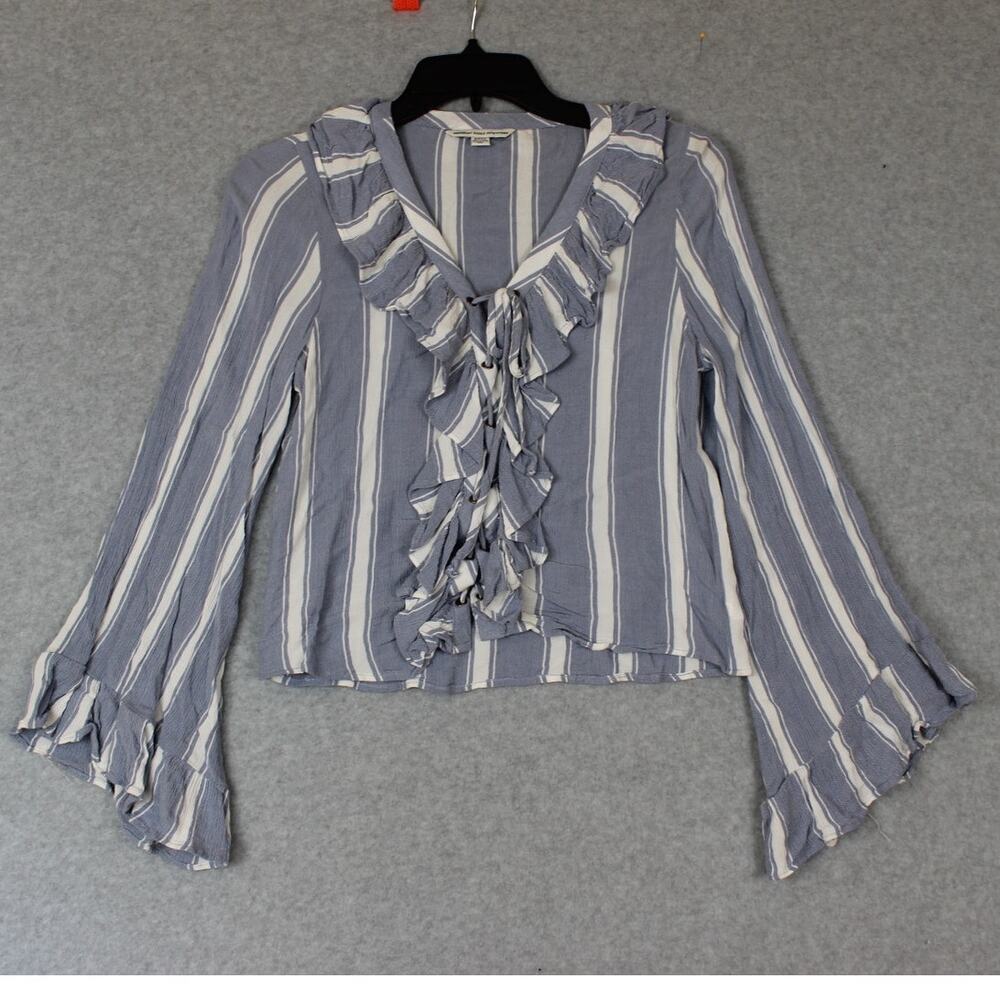 American Eagle Blue & White‎ Striped Ruffle Lace Up Bell Sleeve Top Size Small